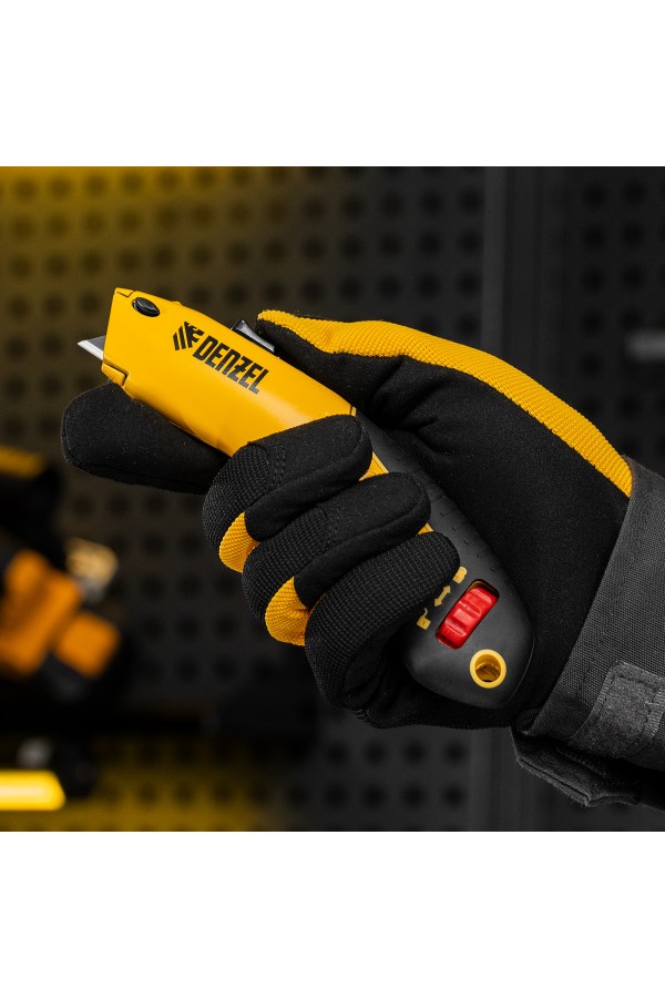 Нож, 19мм, сменное трапециевидное  лезвие, SK4, алюминиевый корпус, торцевой зажим Denzel