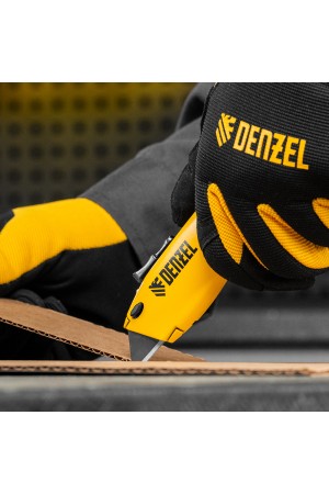 Нож, 19мм, сменное трапециевидное  лезвие, SK4, алюминиевый корпус, торцевой зажим Denzel