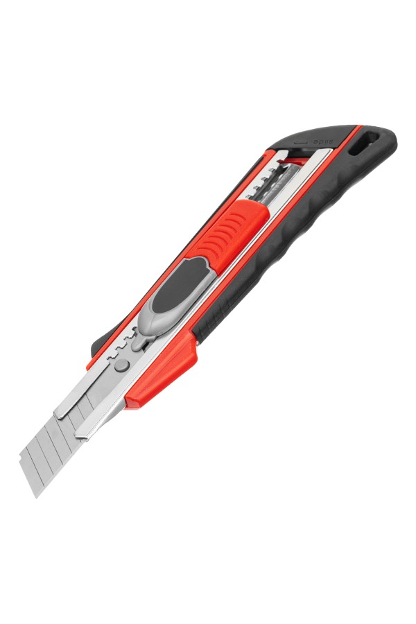 Нож, 18 мм, выдвижное лезвие "Quick blade" металлическая направляющая, двойная фиксация, эргономичная двухкомпонентная рукоятка Matrix