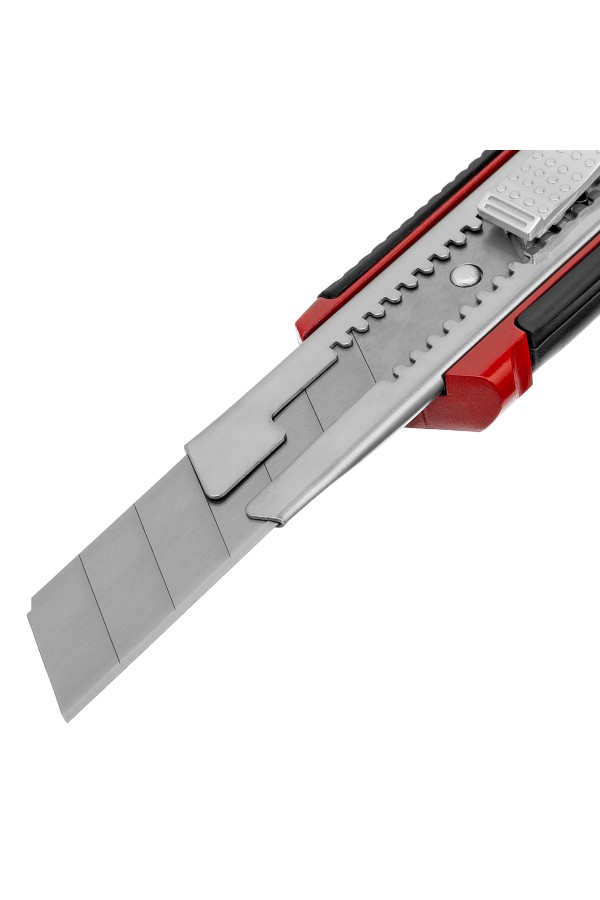 Нож, 25 мм, выдвижное лезвие, усиленная металлическая направляющая, металлическая обрезиненная рукоятка Matrix