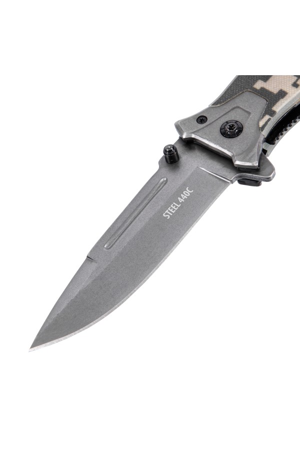 Нож складной, многоцелевой, системы Liner-Lock, с накладкой G10 на прямой рук-ке+стеклобой Denzel