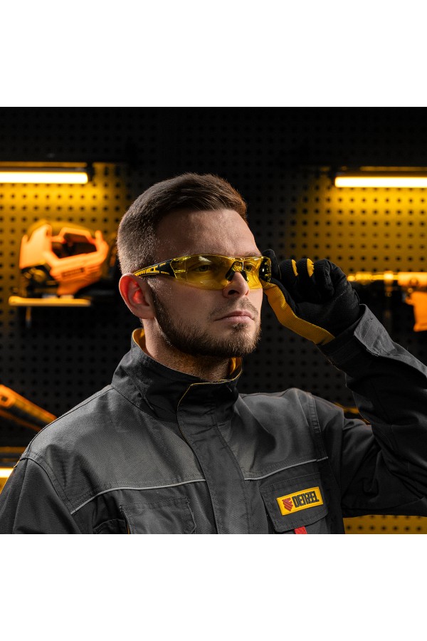 Очки защитные открытые, поликарбонатные, желтая линза, 2х комп.дужки Denzel