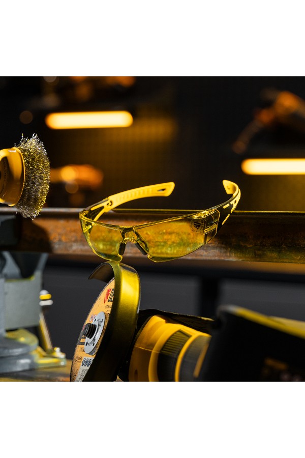 Очки защитные открытые, поликарбонатные, желтая линза, 2х комп.дужки Denzel