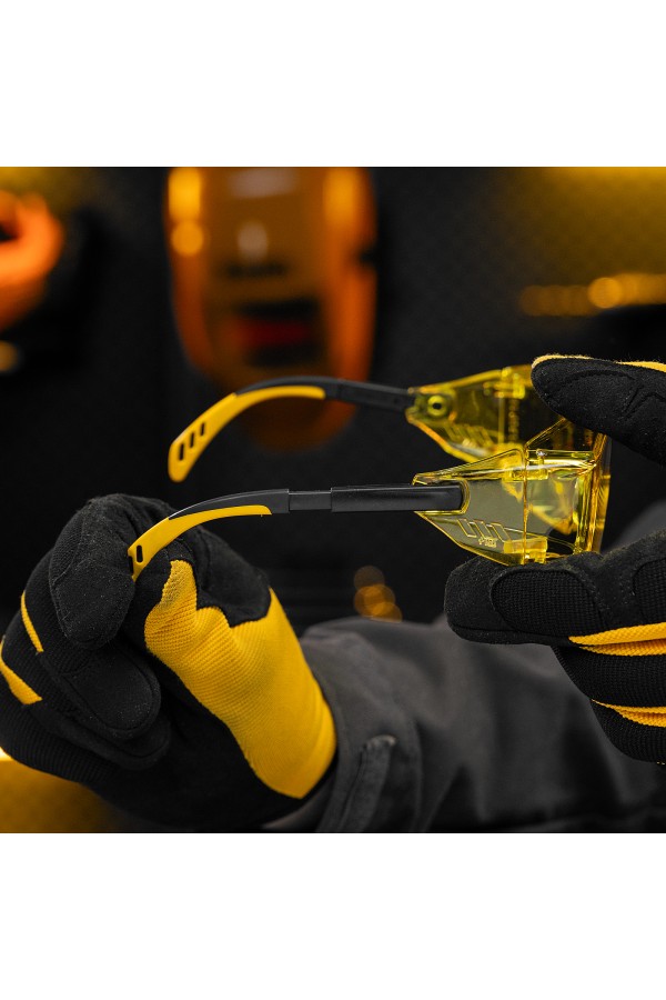 Очки защитные открытые, поликарбонатные, увеличенная желтая линза, регулируемые дужки Denzel