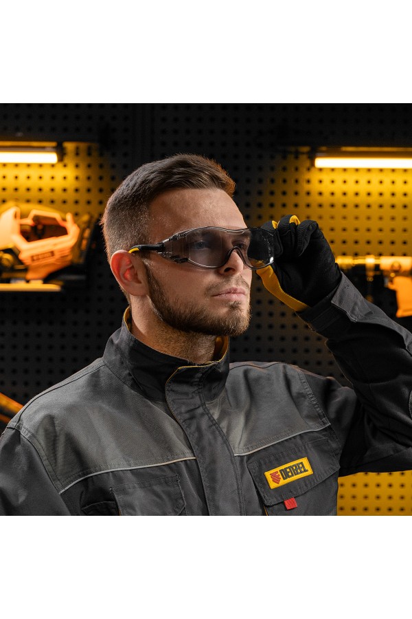 Очки защитные открытые, поликарбонатные, увеличенная дымчатая линза, регулируемые дужки Denzel