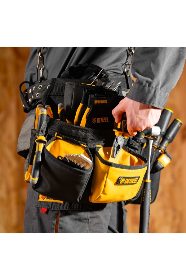 Пояс монтажника усиленный, с лямками, сумки поясные, держатель для молотка Denzel