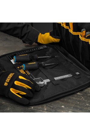 Сумка для инструмента, 400х170х300 мм, 3 отделения, 28 карманов, наплечный ремень// Denzel