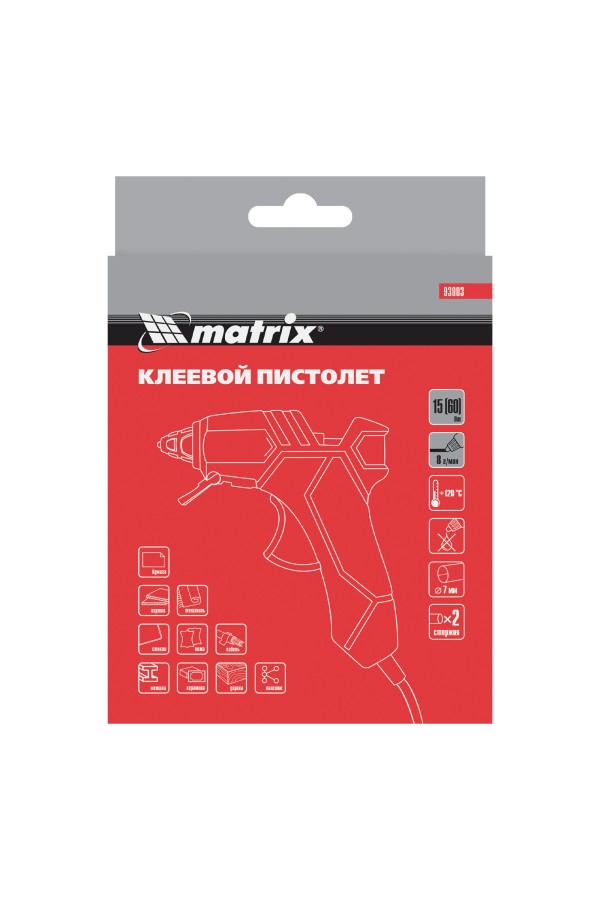 Клеевой пистолет, 7 мм, 15 (60) Вт, 8 г/мин Matrix