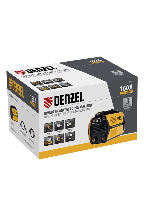 Аппарат инверторный дуговой сварки DS-160 Compact, 160 А, ПВ 70%, диаметр электрода 1.6-3.2 мм Denzel
