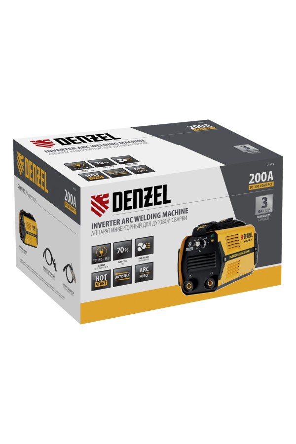 Аппарат инверторный дуговой сварки DS-200 Compact, 200 А, ПВ 70%, диаметр электрода 1.6-5 мм Denzel