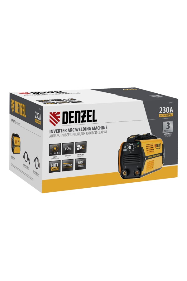 Аппарат инверторный дуговой сварки DS-230 Compact, 230 А, ПВ 70%, диаметр электрода 1.6-5 мм Denzel