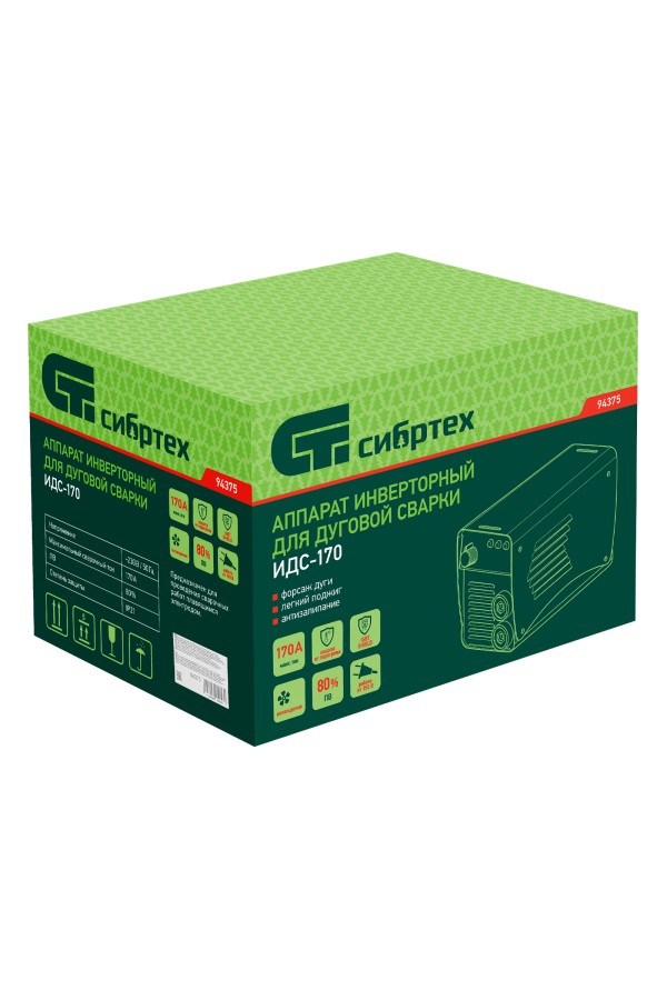 Аппарат инверторный дуговой сварки ИДС-170, 170 А, ПВ 80%, диаметр электрода 1.6-3.2 мм Сибртех