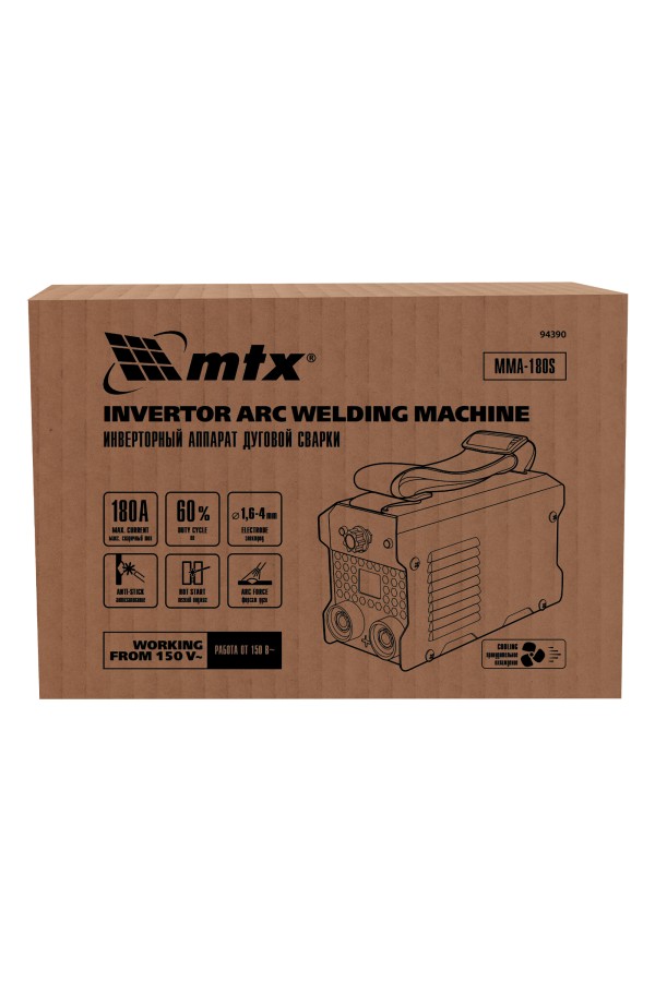 Инверторный аппарат дуговой сварки MMA-180S, 180 А, ПВ60%, диаметр электрода 1,6-4 мм MTX