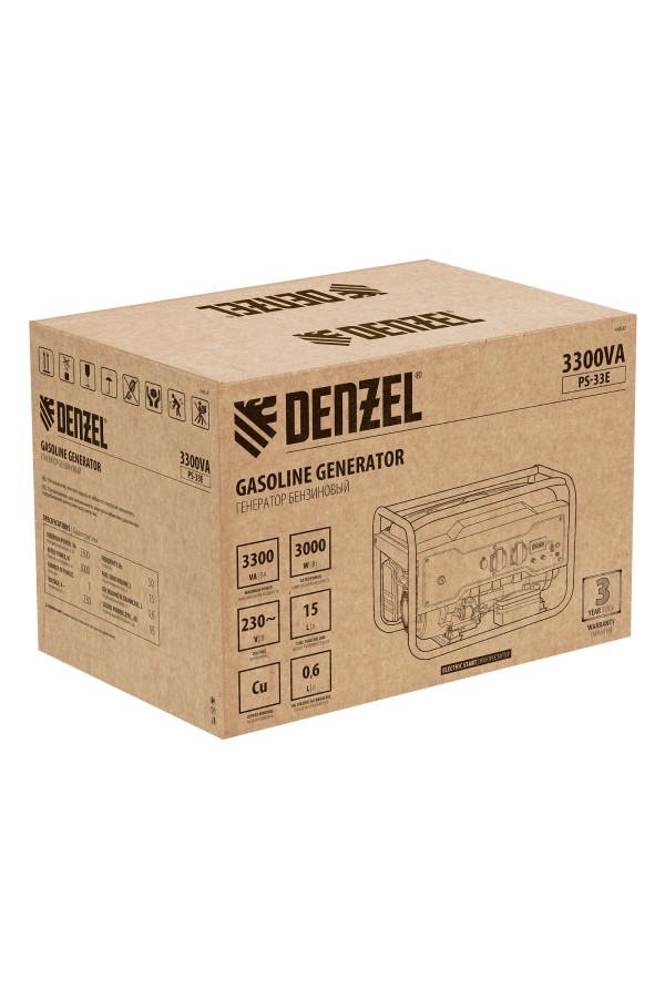 Генератор бензиновый PS-33E, 3.3 кВт, 230В, 15 л, электростартер Denzel