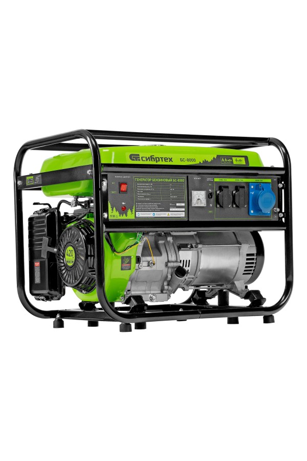 Генератор бензиновый БС-8000, 6,6 кВт, 230В, четырехтактный, 25 л, ручной стартер Сибртех