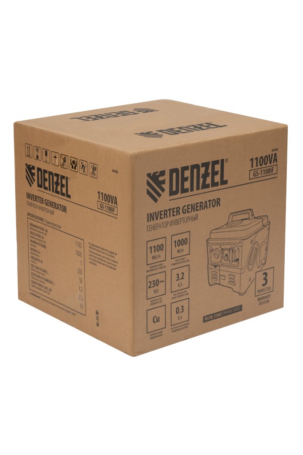 Генератор инверторный GS-1100iF, 1,1 кВт, 230 В, ручной старт DENZEL