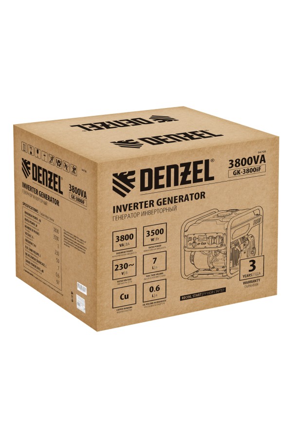 Генератор инверторный GK-3800iF, 3,8 кВт, 230 В, ручной старт DENZEL