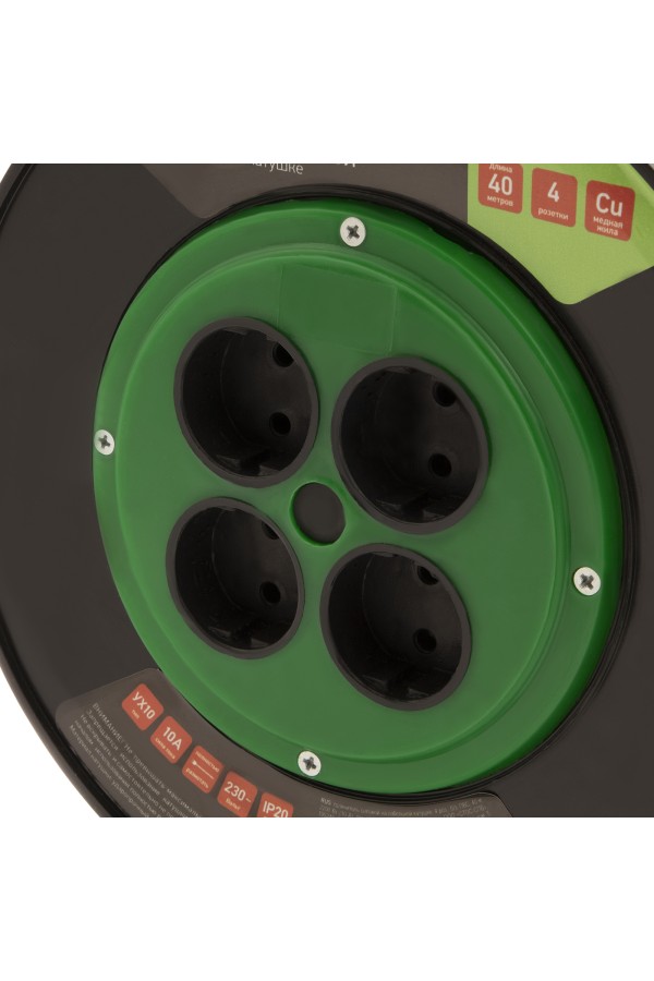 Удлинитель силовой 40 м, 10А, тип УХ10, ПВС, на кабельной катушке, 4 розетки без заземления Сибртех