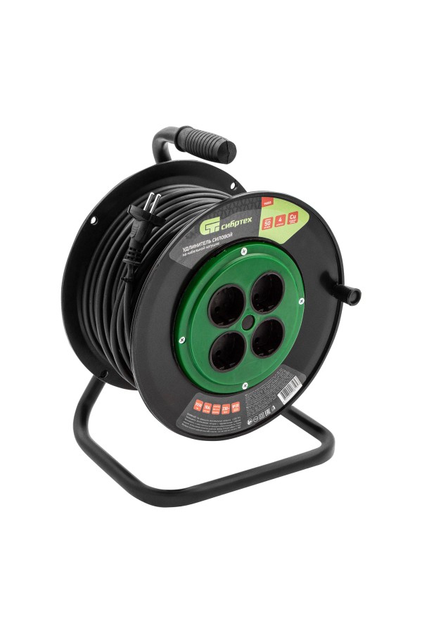 Удлинитель силовой 50 м, 10А, тип УХ10, ПВС, на кабельной катушке, 4 розетки без заземления Сибртех