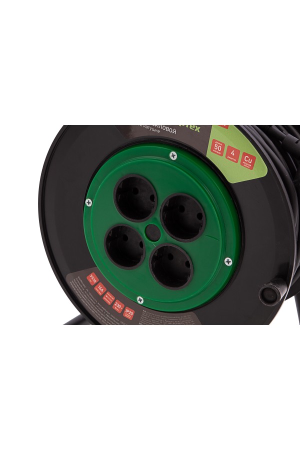 Удлинитель силовой 50 м, 16А, тип УХ10, ПВС, на кабельной катушке, 4 розетки без заземления Сибртех