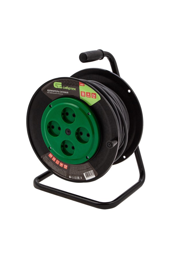 Удлинитель силовой 30 м, 16А, тип УХ10, ПВС, усиленный, на кабельной катушке, 4 розетки без заземления Сибртех
