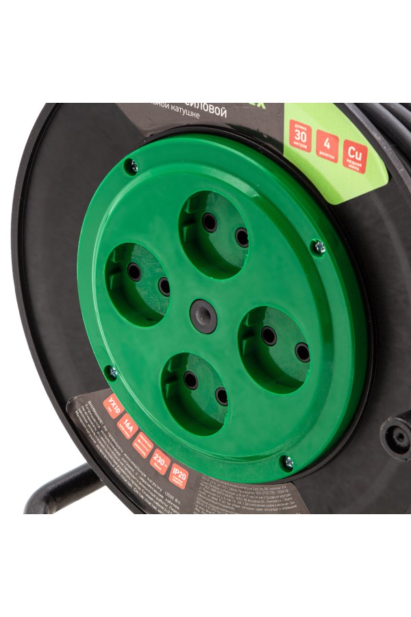Удлинитель силовой 30 м, 16А, тип УХ10, ПВС, усиленный, на кабельной катушке, 4 розетки без заземления Сибртех