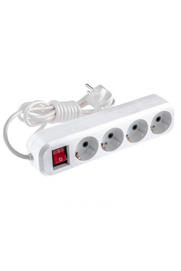 Удлинитель бытовой, с заземлением и выключателем, 2 м, 4 розетки, 10 A, серия УХз10 Denzel