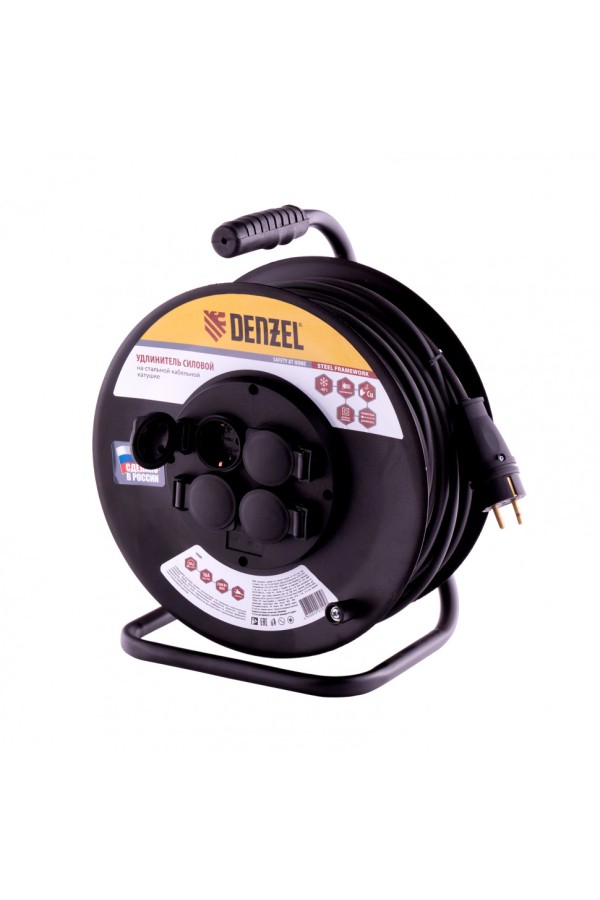 Удлинитель силовой на стальной катушке, КГ 3 х 1.5 мм, 50 м, 4 розетки, 16 А, тип УХз-16 Denzel