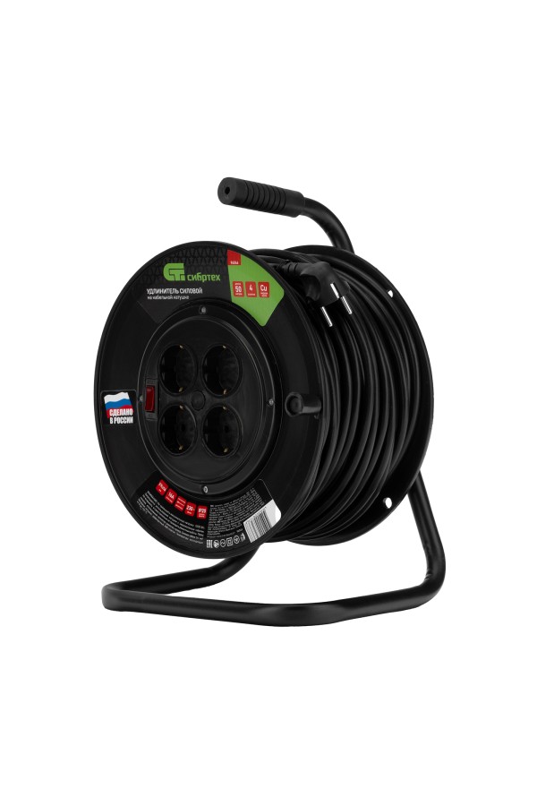Удлинитель силовой на кабельной катушке, ПВС, 50 м, 4 розетки, 16А, тип УХз16, Сибртех
