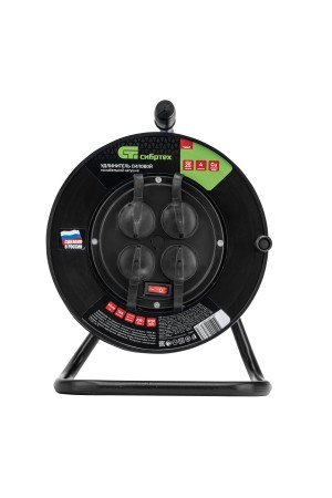 Удлинитель силовой на кабельной катушке, ПВС, 25 м, 4 розетки с крышкой, IP44, 16А, УХз16, Россия Сибртех