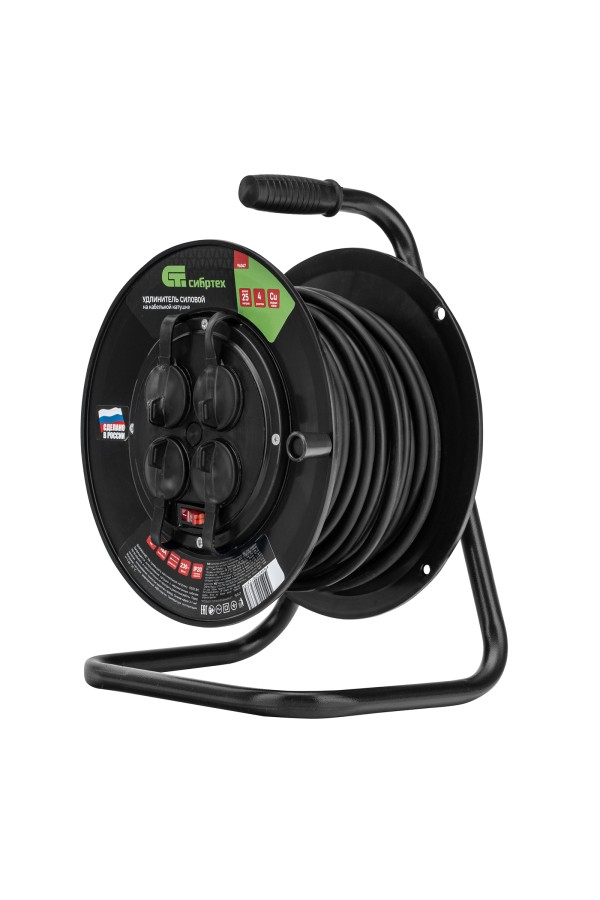 Удлинитель силовой на кабельной катушке, ПВС, 25 м, 4 розетки с крышкой, IP44, 16А, УХз16, Сибртех