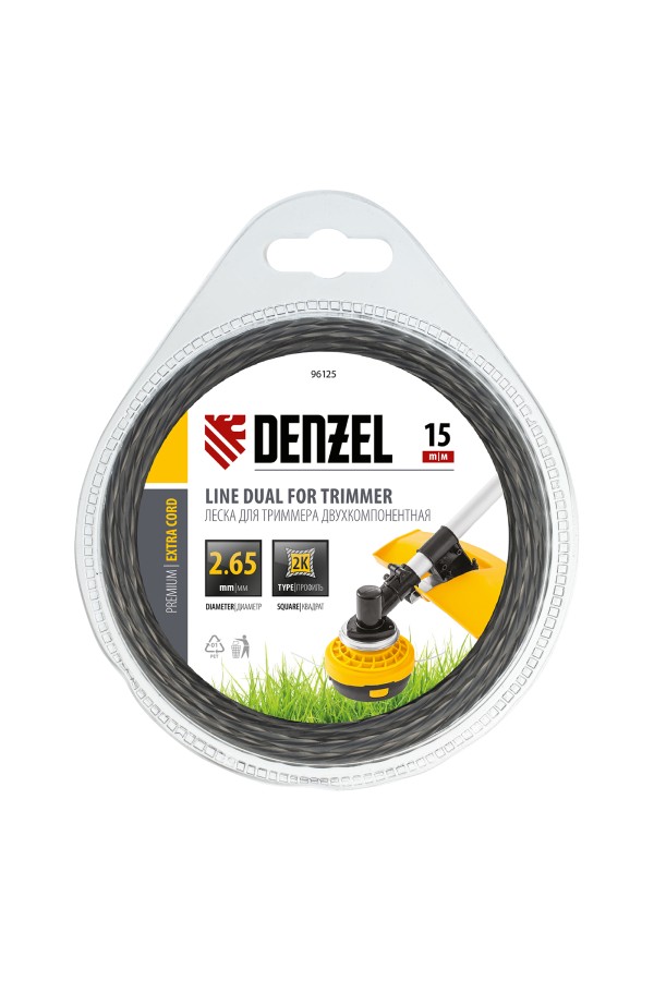 Леска для триммера двухкомпонентная, квадратная 2.65 мм x 15 м Extra cord Denzel