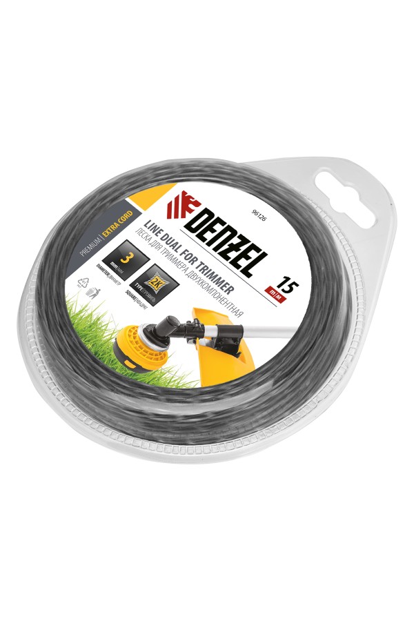 Леска для триммера двухкомпонентная, квадратная 3 мм x 15 м Extra cord Denzel