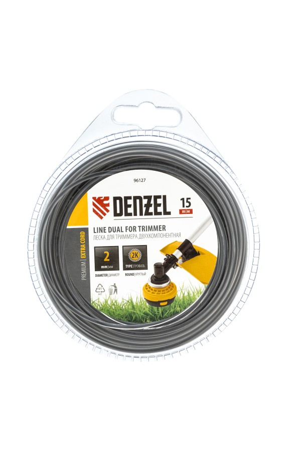 Леска для триммера, двухкомпонентная круглая 2 мм, 15 м Extra cord Denzel