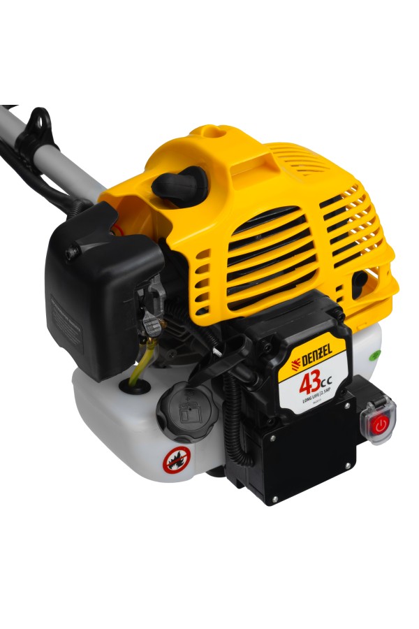 Триммер бензиновый DT-43E, 43 см3, неразъемная штанга, электростартер, состоит из 2 частей Denzel