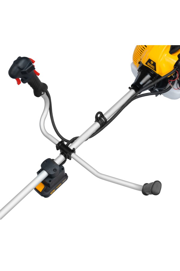 Триммер бензиновый DT-52E, 52 см3, неразъемная штанга, электростартер, состоит из 2 частей Denzel