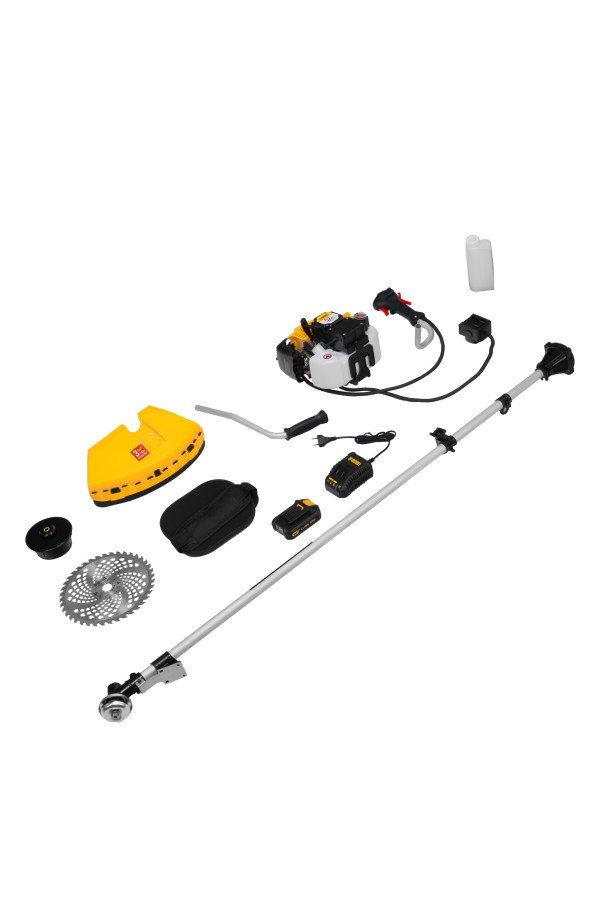 Триммер бензиновый DT-52E, 52 см3, неразъемная штанга, электростартер, состоит из 2 частей Denzel