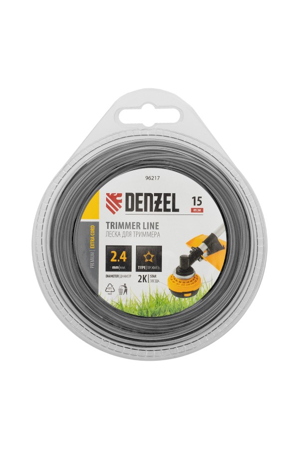 Леска для триммера двухкомпонентная звезда, 2,4мм х 15м, блистер EXTRA CORD, Denzel