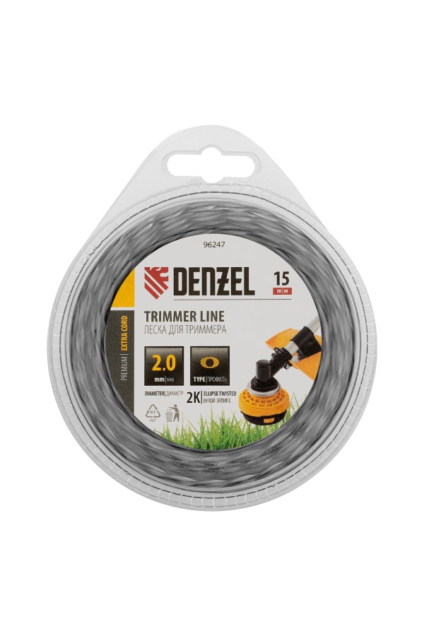 Леска для триммера двухкомпонентная эллипс, 2,0мм х 15м, блистер EXTRA CORD, Denzel