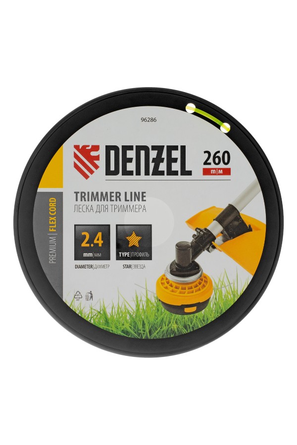 Леска для триммера звезда, 2,4мм х 260м, на DIN катушке FLEX CORD Denzel