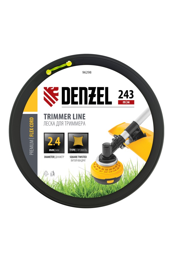 Леска для триммера витой квадрат, 2,4мм х 243м, на DIN катушке FLEX CORD Denzel
