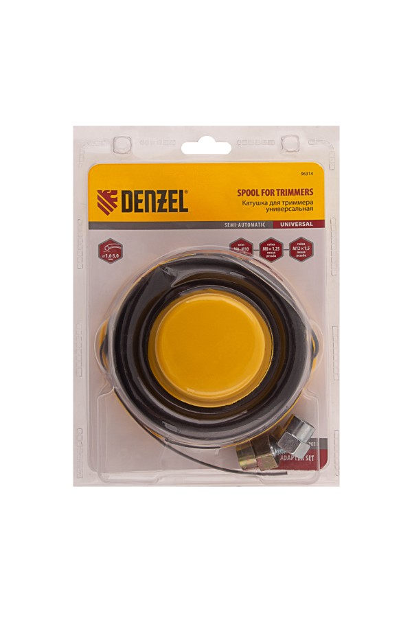 Катушка универсальная триммерная, гайка М10 х 1.25, М8, М12, винт М8-М10, левая резьба, шаг 1.5 мм Denzel