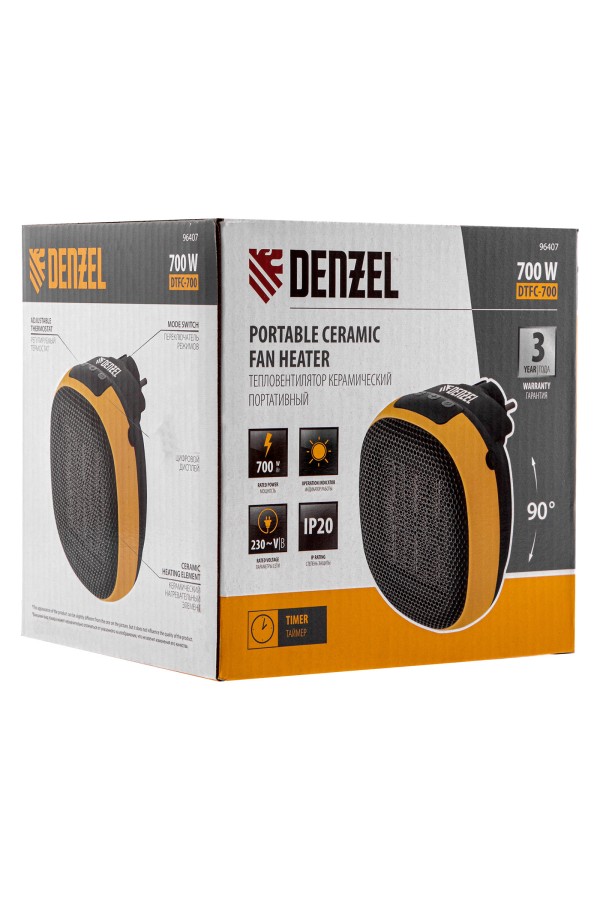 Тепловентилятор портативный керамический DTFC-700, 3 реж. вентилятор, нагрев 700 Вт Denzel