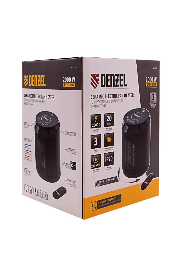 Тепловентилятор электрический керамический DTFC-2000, пульт, 3 режима, вентилятор, нагрев 1000/2000 Вт Denzel