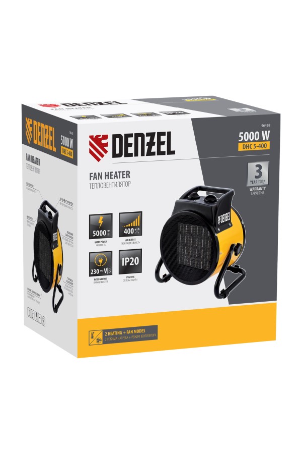 Тепловая пушка, керамический нагреватель (тепловентилятор) DHC 5-400, 230 В, 0.04/3/5 кВт Denzel