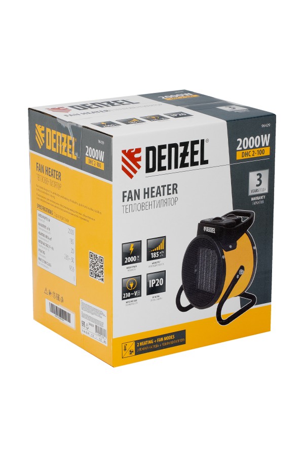 Тепловая пушка, керамический нагреватель (тепловентилятор) DHC 2-100, 230 В, 0.025/1/2 кВт Denzel