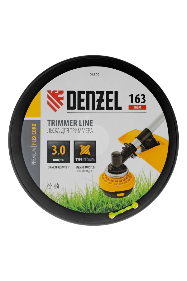 Леска для триммера витой квадрат, 3,0мм х 163м, на DIN катушке FLEX CORD Denzel