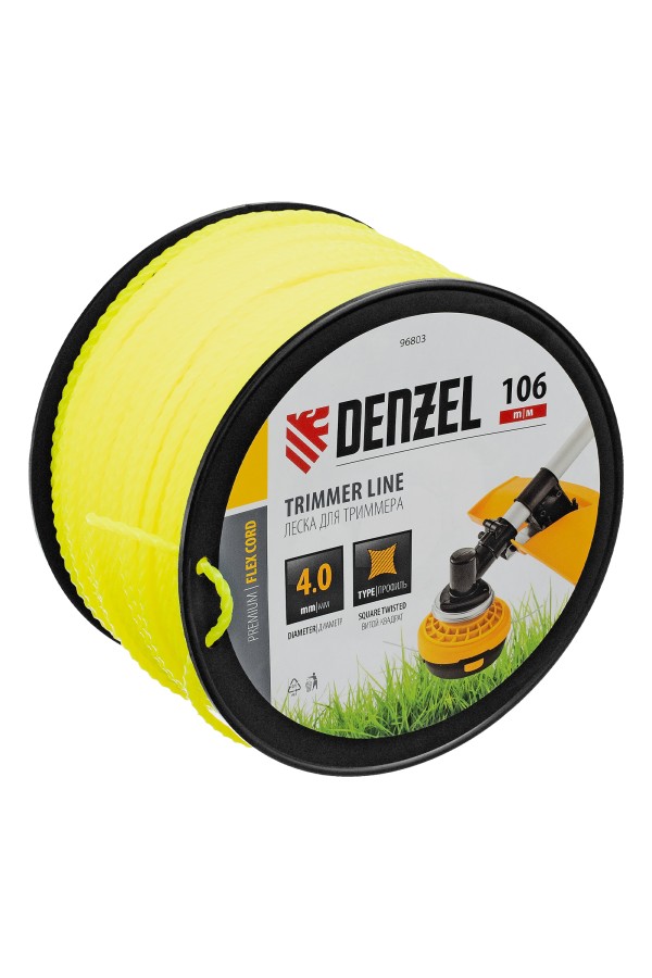 Леска для триммера витой квадрат, 4,0мм х 106м, на DIN катушке FLEX CORD Denzel
