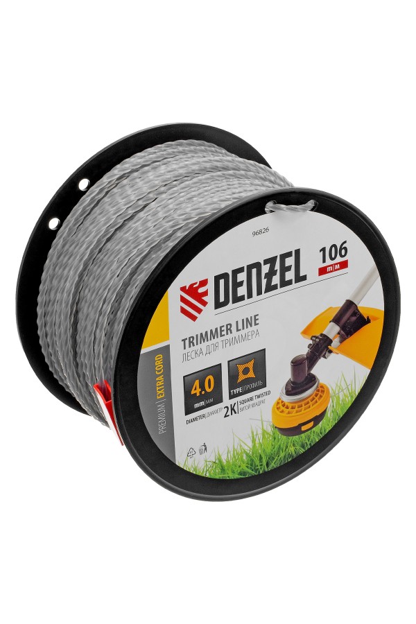 Леска для триммера двухкомпонентная витой квадрат, 4,0мм х 106м, на DIN катушке EXTRA CORD Denzel
