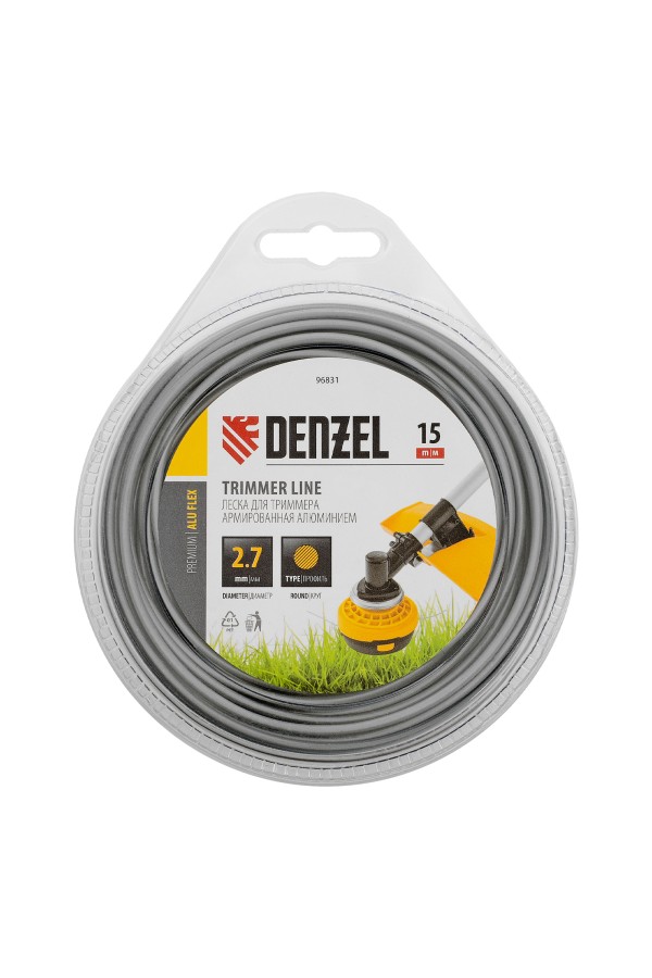 Леска для триммера армированная алюминием круглая, 2,7мм х 15м, блистер ALUFLEX Denzel